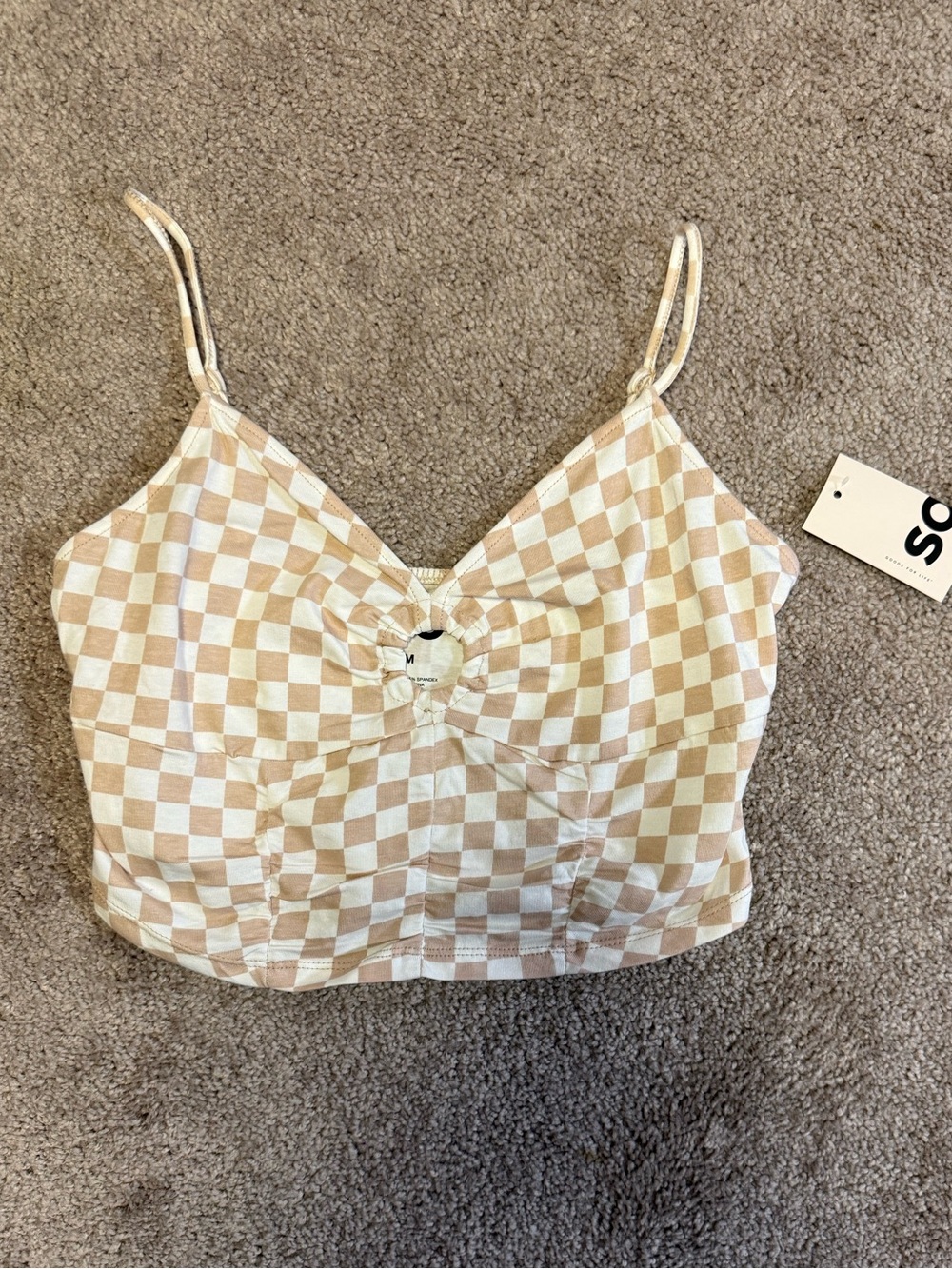 Kohl's Beige and White Checkered Cropped Cami Top